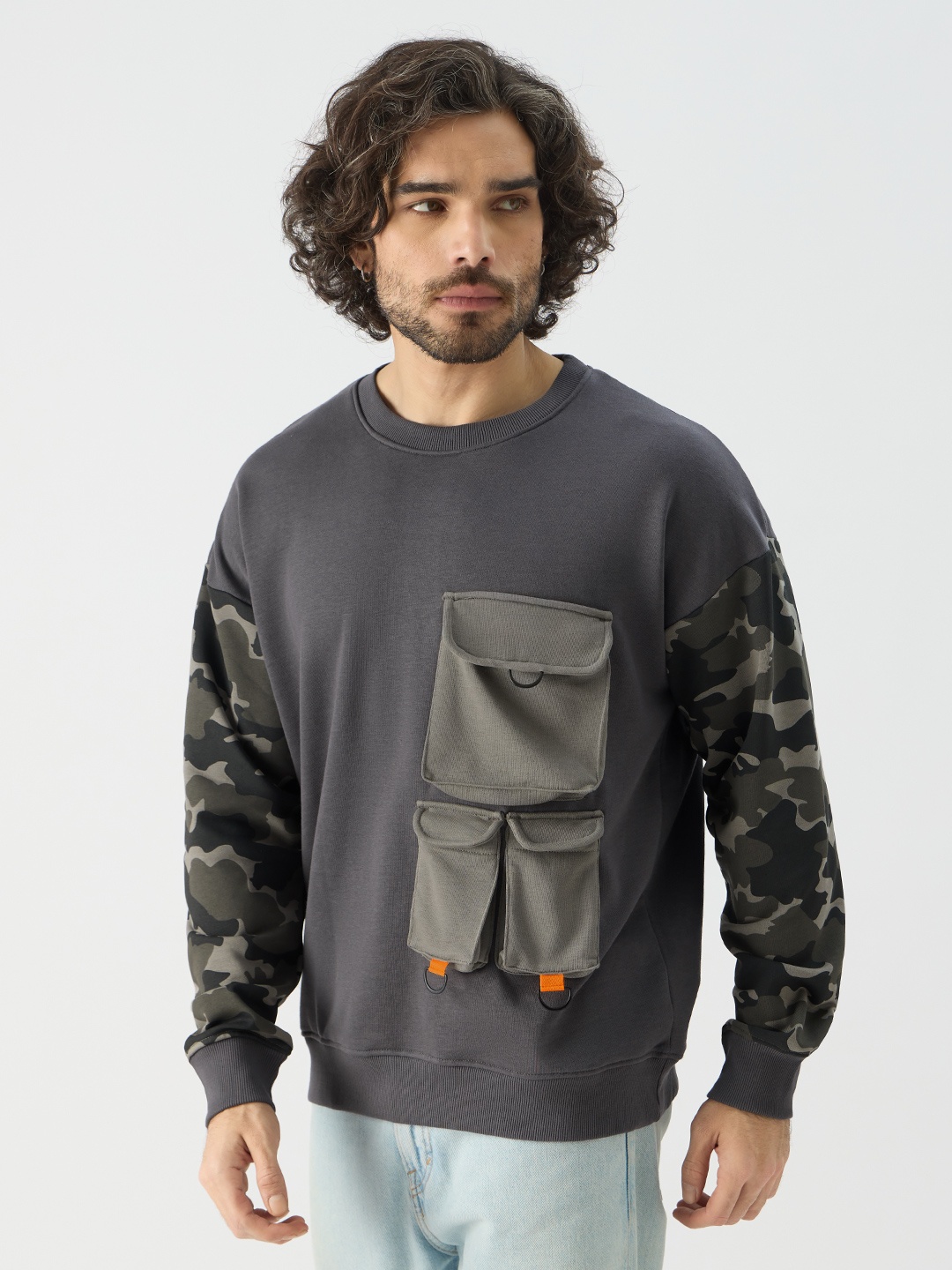 

The Souled Store Camouflage Printed Ribbed Pullover Sweatshirt, Steel