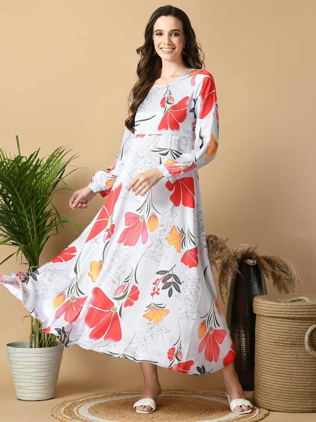

Myshka Floral Print Round Neck Puff Sleeves Satin Fit & Flare Maxi Dress, White
