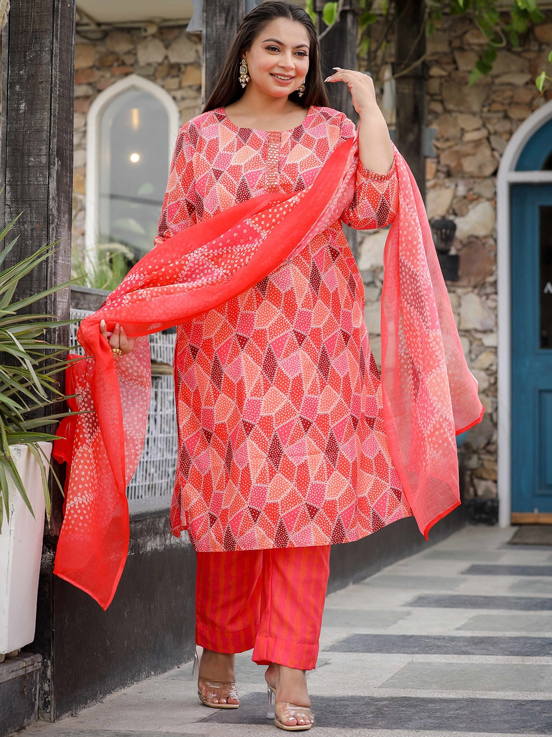 

LALI JAIPUR Plus Size Geometric Round Neck Straight Kurta With Trousers & Dupatta, Orange