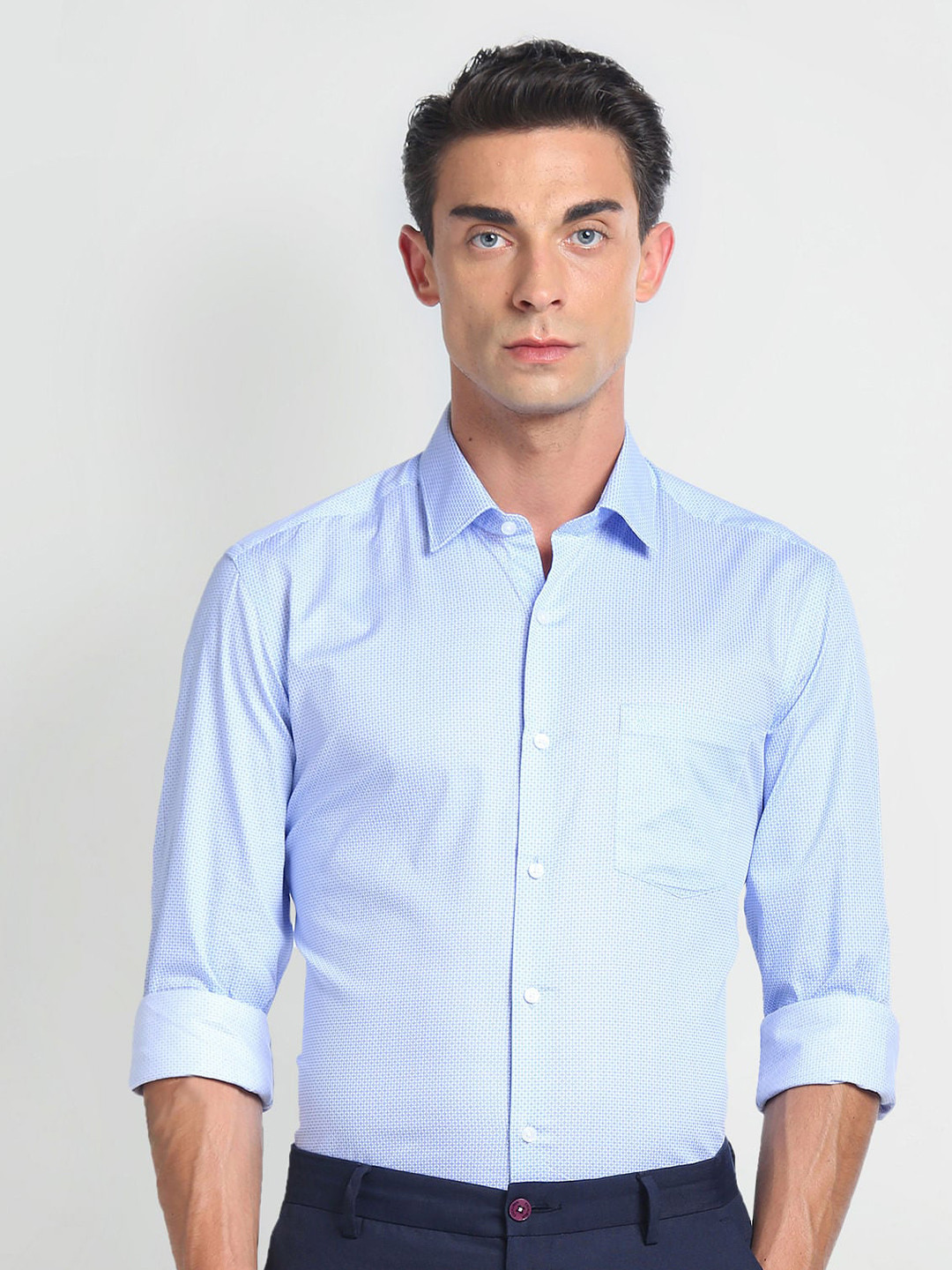 

Arrow Spread Collar Long Sleeves Micro Ditsy Slim Fit Opaque Printed Formal Shirt, Blue