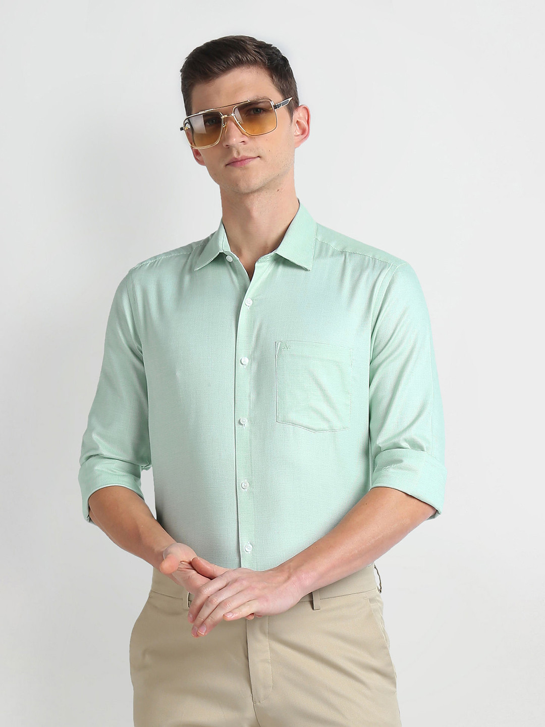 

Arrow Spread Collar Slim Fit Opaque Cotton Formal Shirt, Green
