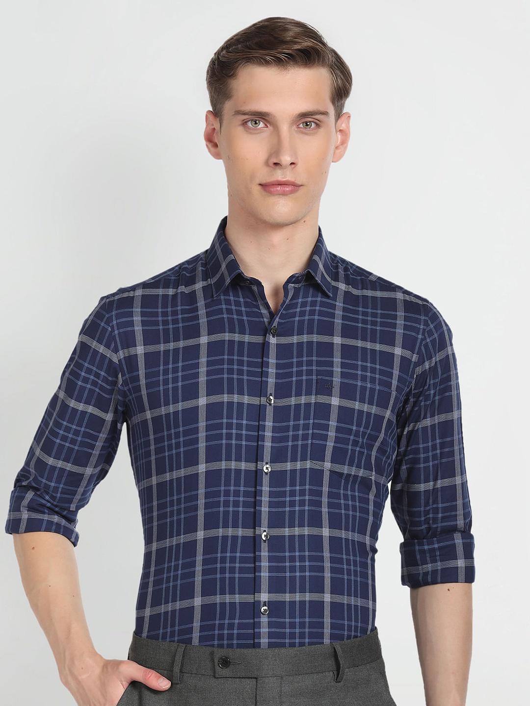 

Arrow Slim Fit Tartan Checks Cotton Checked Formal Shirt, Blue