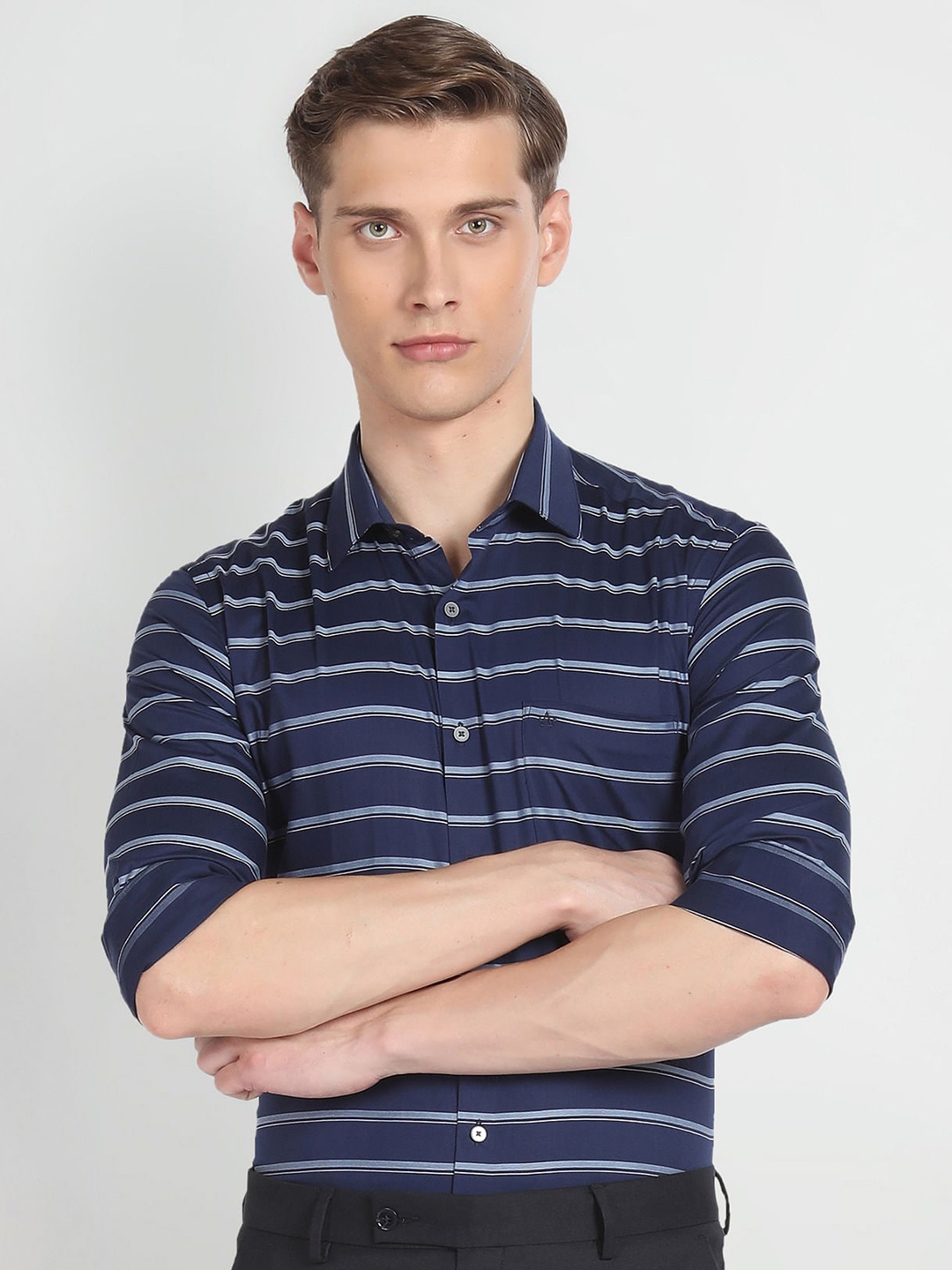 Arrow Slim Fit Horizontal Stripes Cotton Striped Formal Shirt, Blue