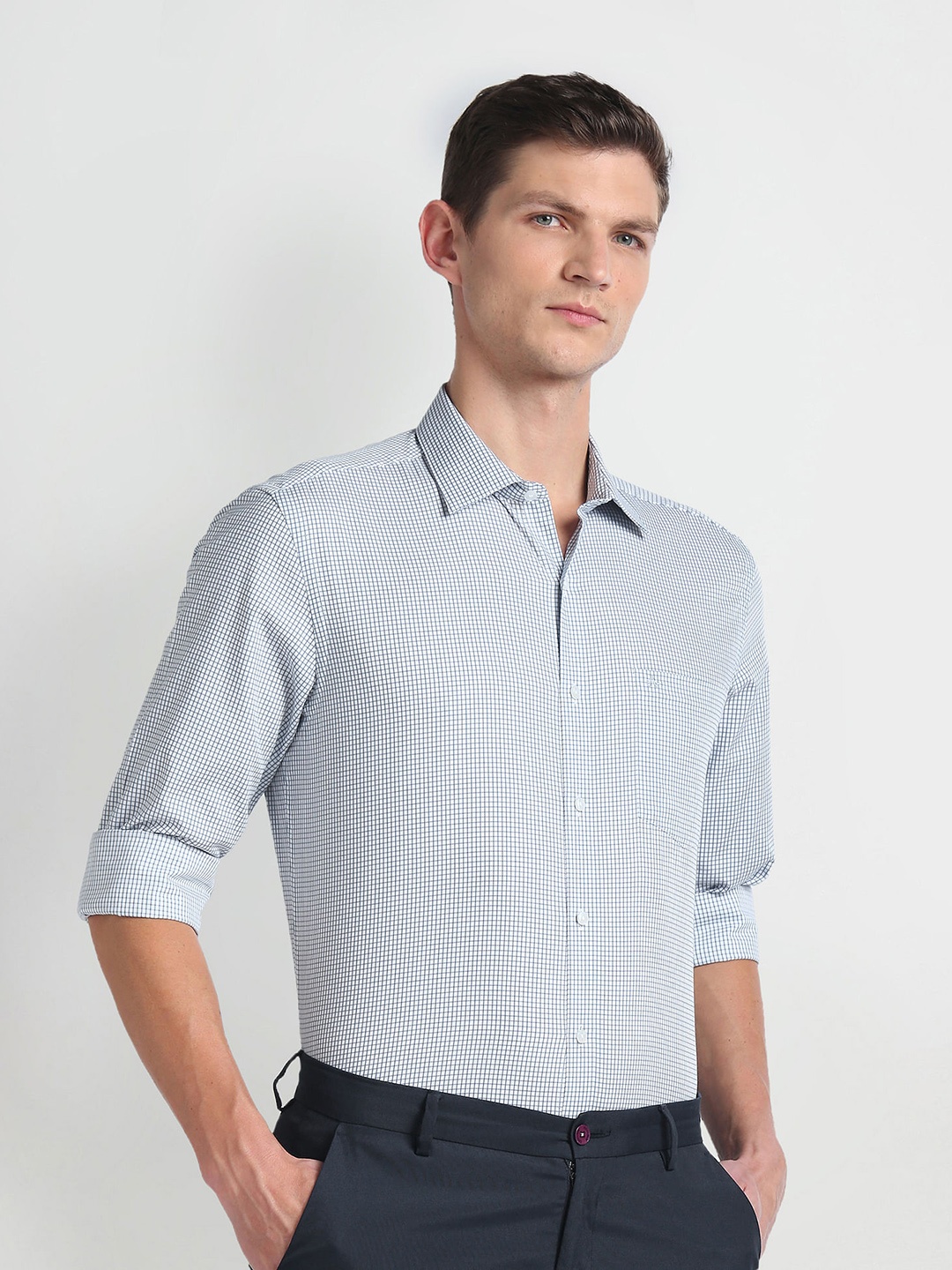 

Arrow Spread Collar Micro Checks Opaque Cotton Formal Shirt, Grey