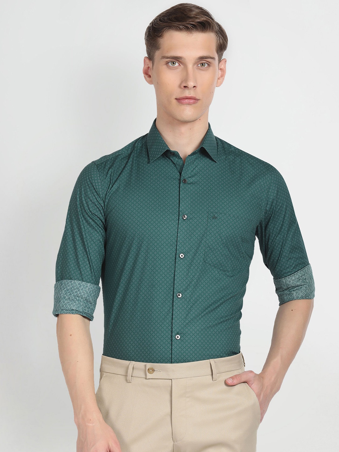 

Arrow Slim Fit Opaque Printed Cotton Formal Shirt, Green