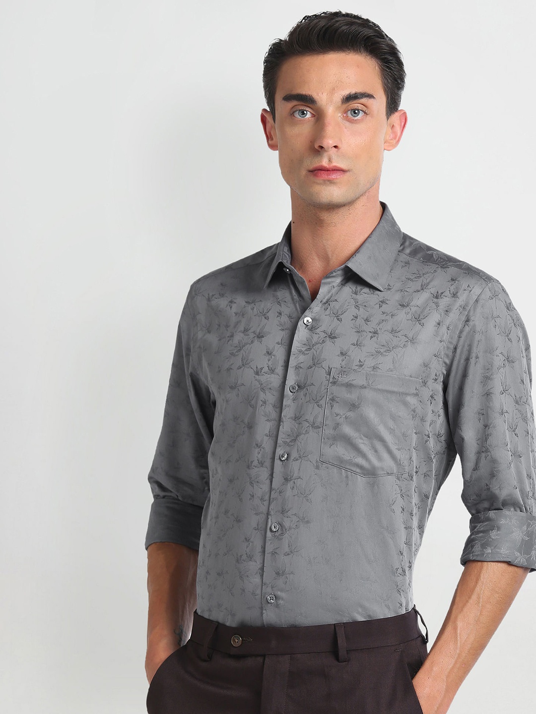 

Arrow Spread Collar Floral Opaque Printed Cotton Formal Shirt, Grey