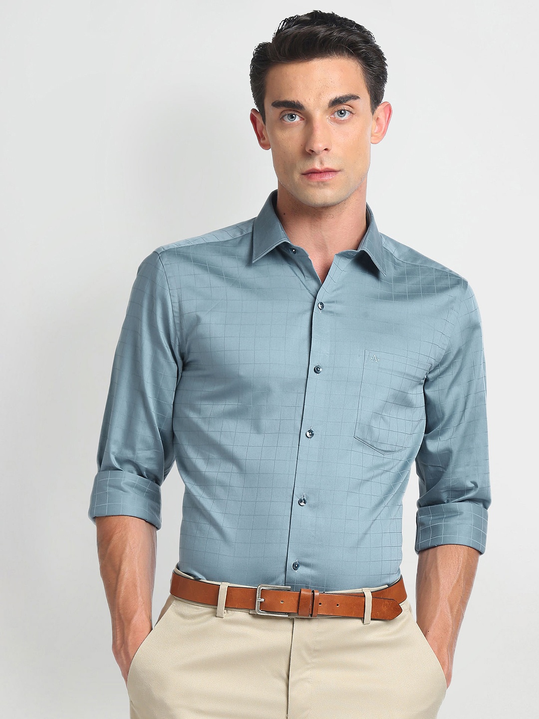 

Arrow Checked Spread Collar Cotton Classic Fit Opaque Autopress Formal Shirt, Blue