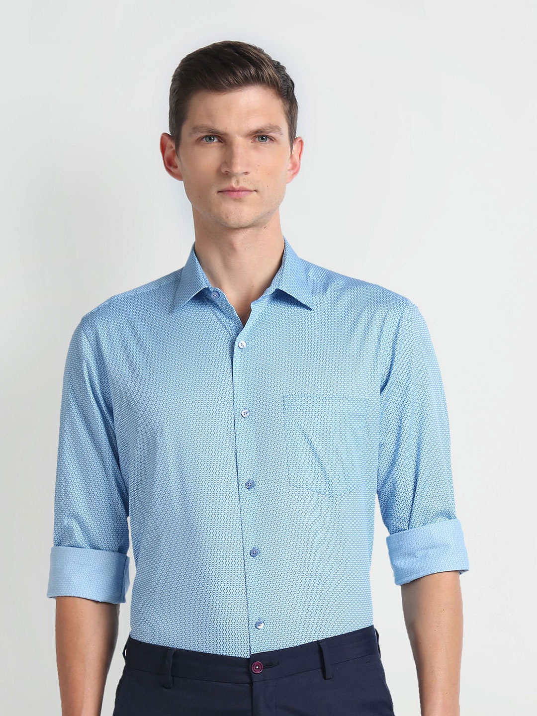 

Arrow Slim Fit Micro Ditsy Opaque Spread Collar Chest Pocket Cotton Formal Shirt, Blue