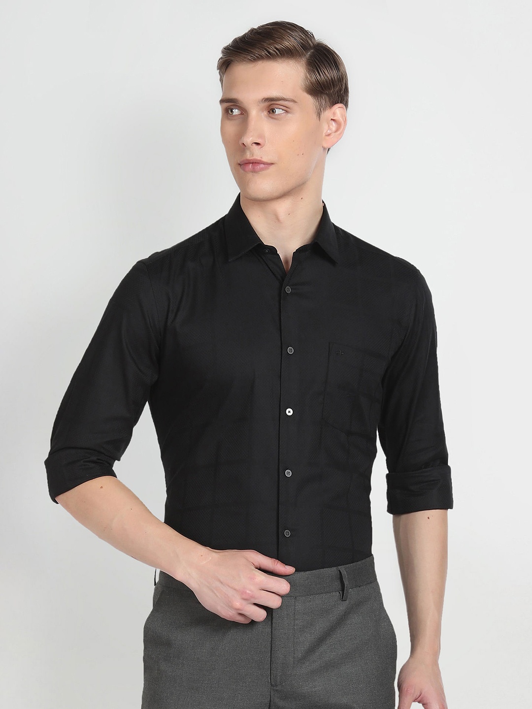 

Arrow Windowpane Checked Cotton Slim Fit Opaque Formal Shirt, Black