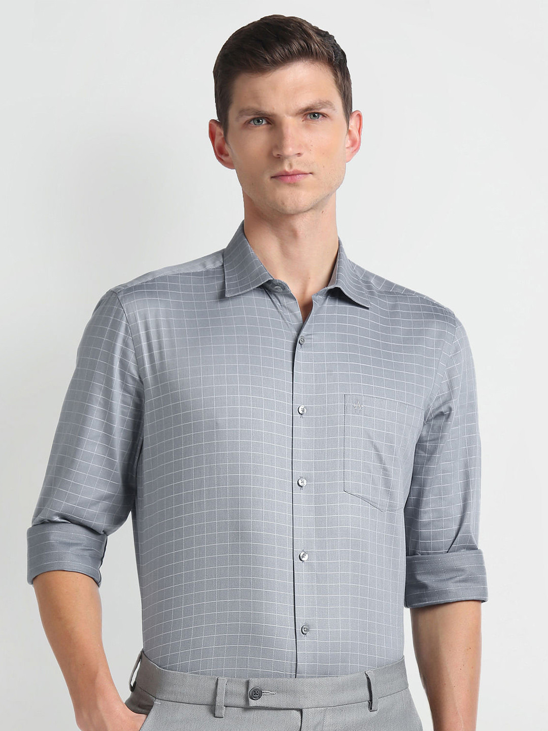 

Arrow Checked Spread Collar Long Sleeves Opaque Cotton Formal Shirt, Grey