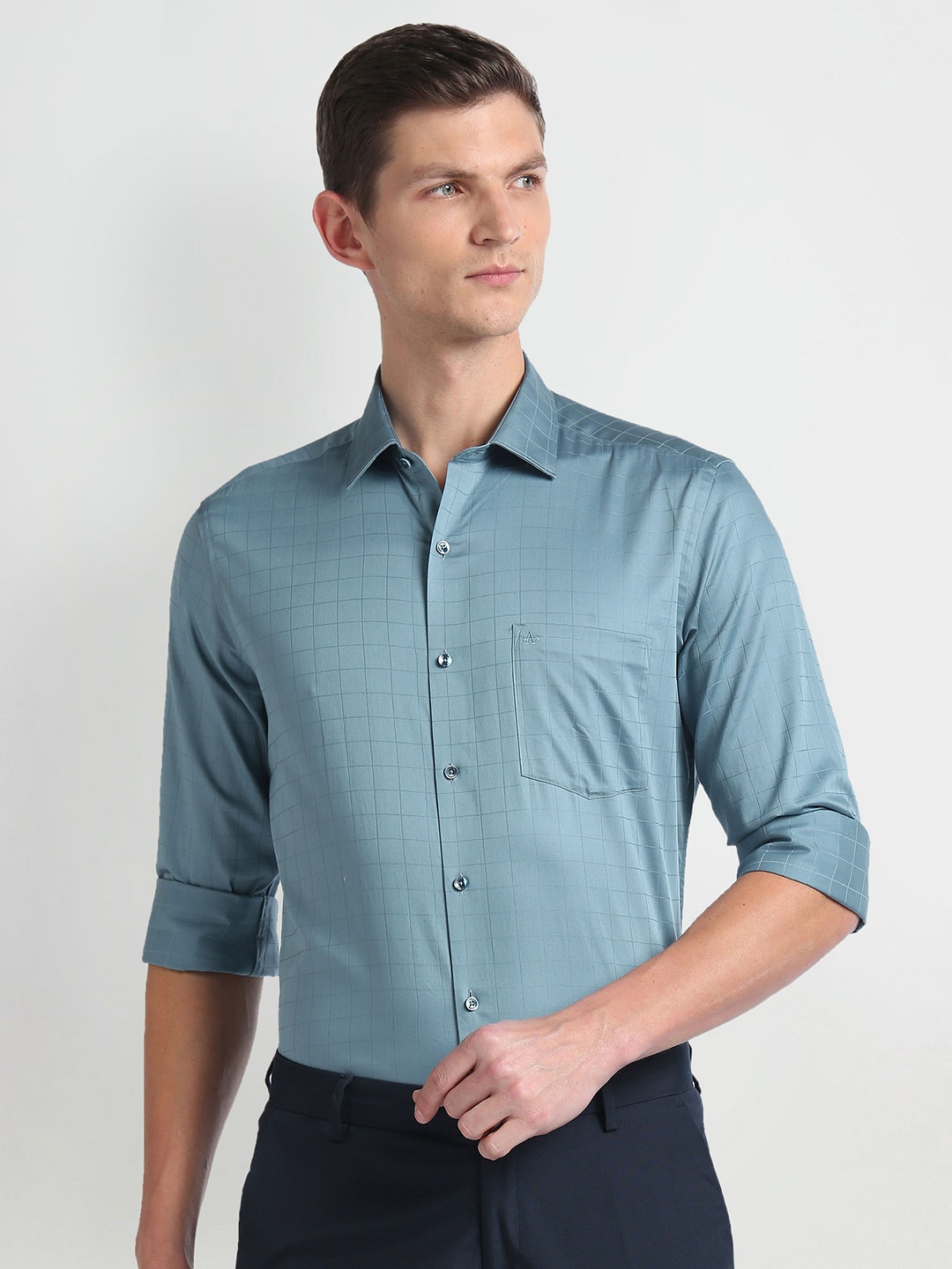 

Arrow Grid Tattersall Checked Slim Fit Cotton Opaque Autopress Formal Shirt, Blue