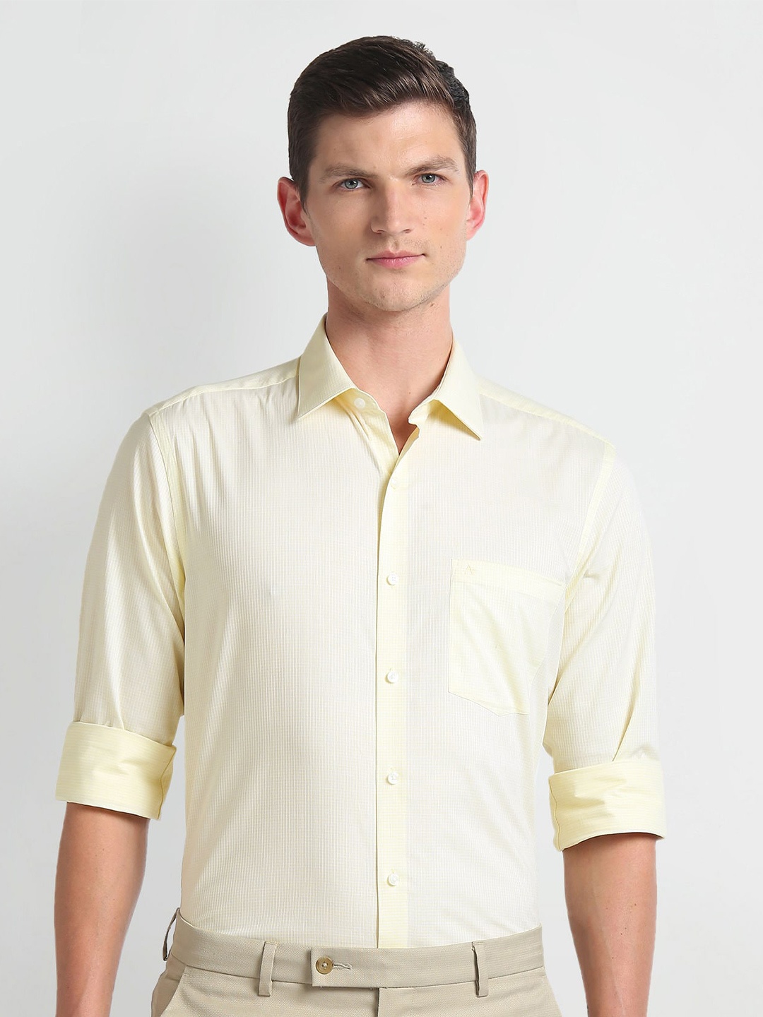 

Arrow Checked Spread Collar Long Sleeves Opaque Cotton Formal Shirt, Yellow