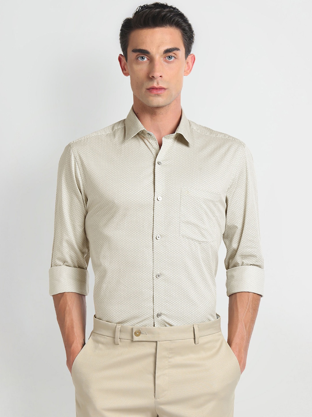 

Arrow Spread Collar Slim Fit Micro Ditsy Printed Cotton Formal Shirt, Beige