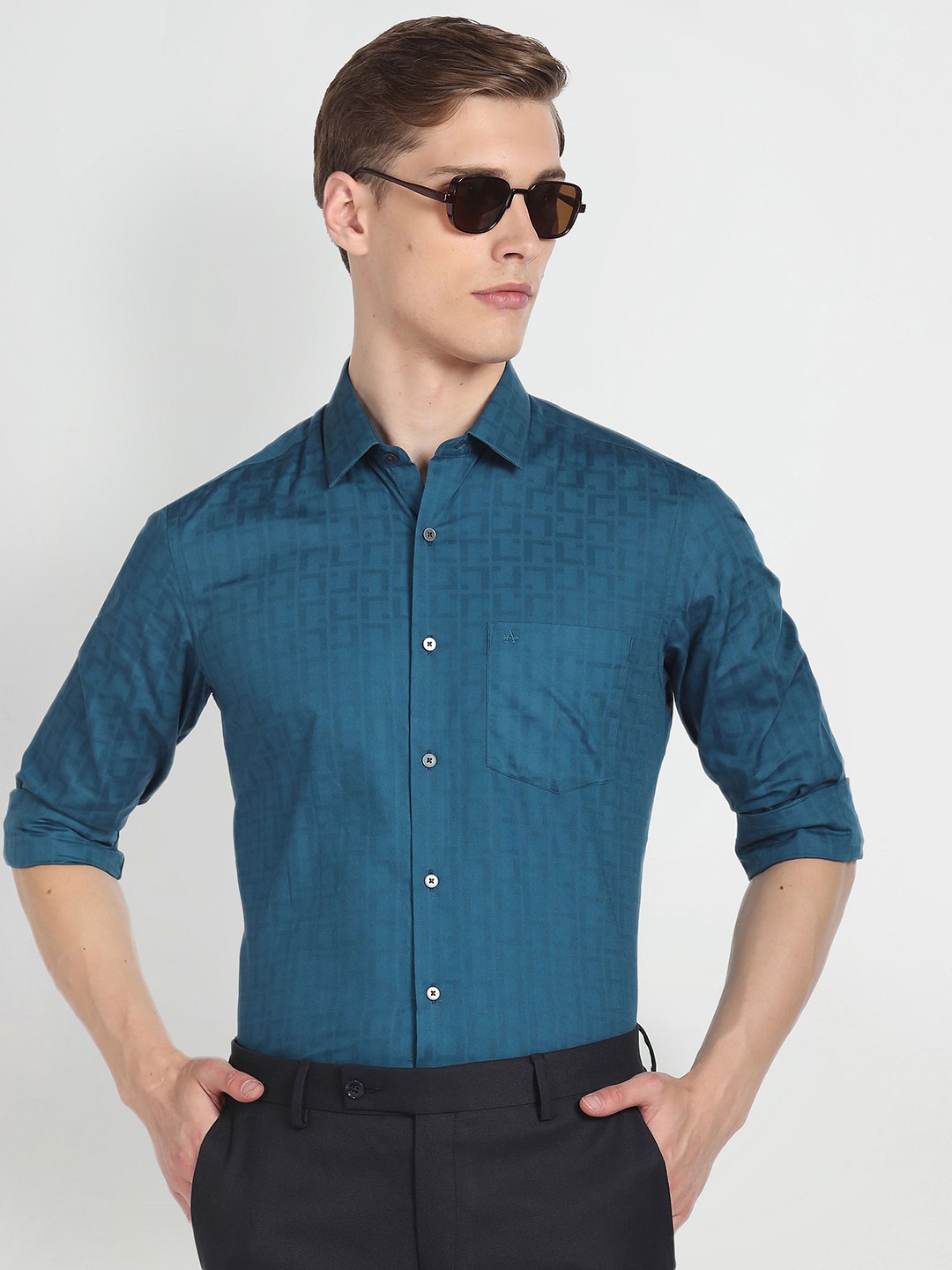 

Arrow Slim Fit Grid Tattersall Checks Opaque Cotton Printed Formal Shirt, Blue