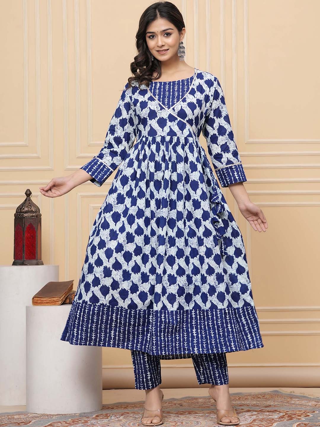 

AVYCO Ethnic Motifs Printed Pure Cotton Anarkali Kurta With Trousers, Blue