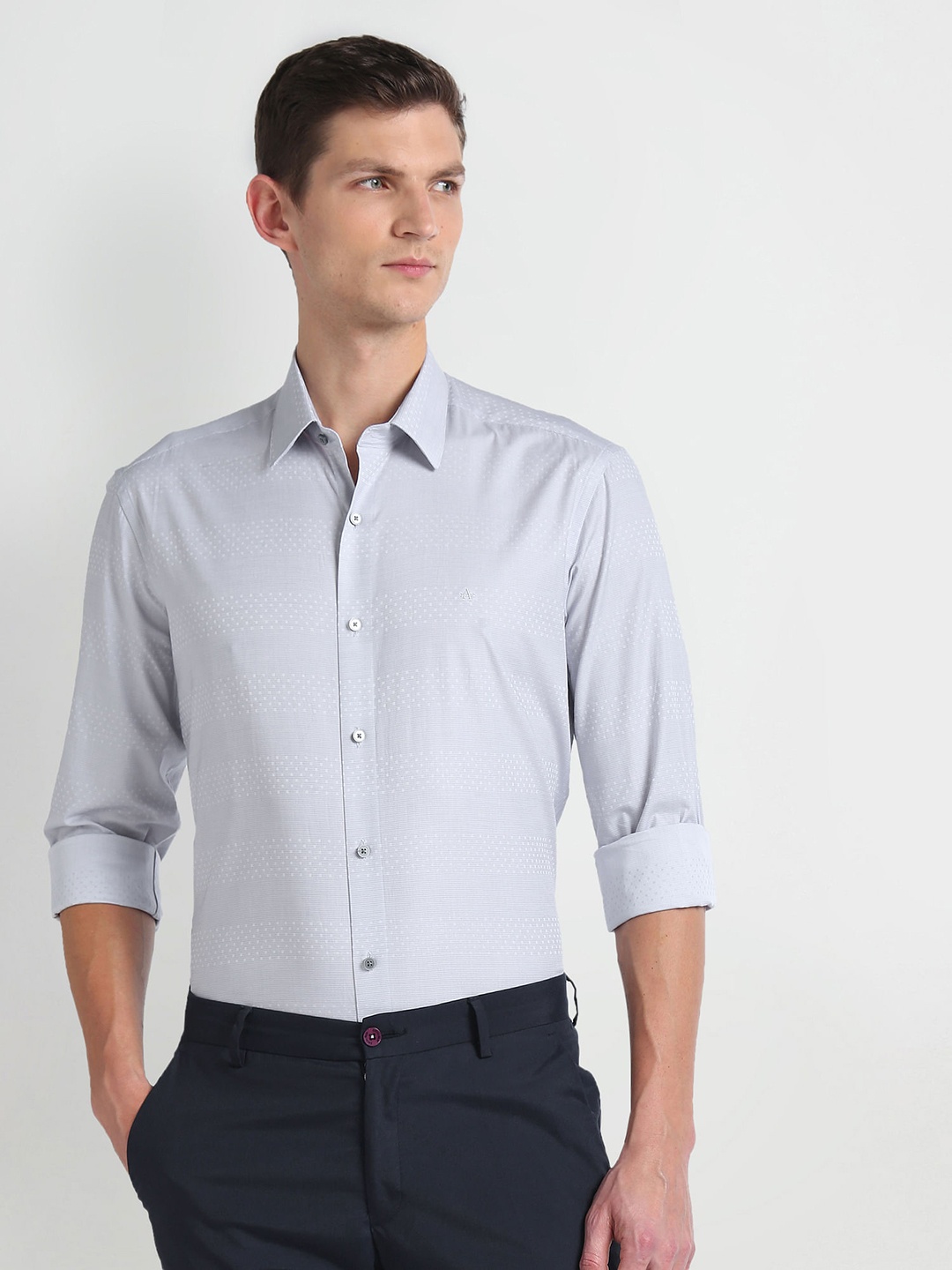 

Arrow New York Spread Collar Slim Fit Printed Cotton Formal Shirt, Grey