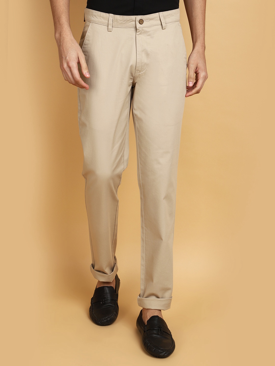 

V-Mart Men Cotton Slim Fit Casual Trousers, Beige