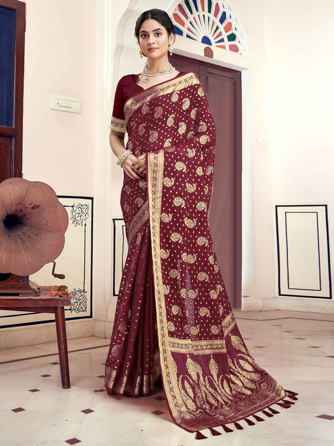 

V3 FASHION STUDIO Paisley Woven Design Zari Pure Georgette Banarasi Saree, Maroon