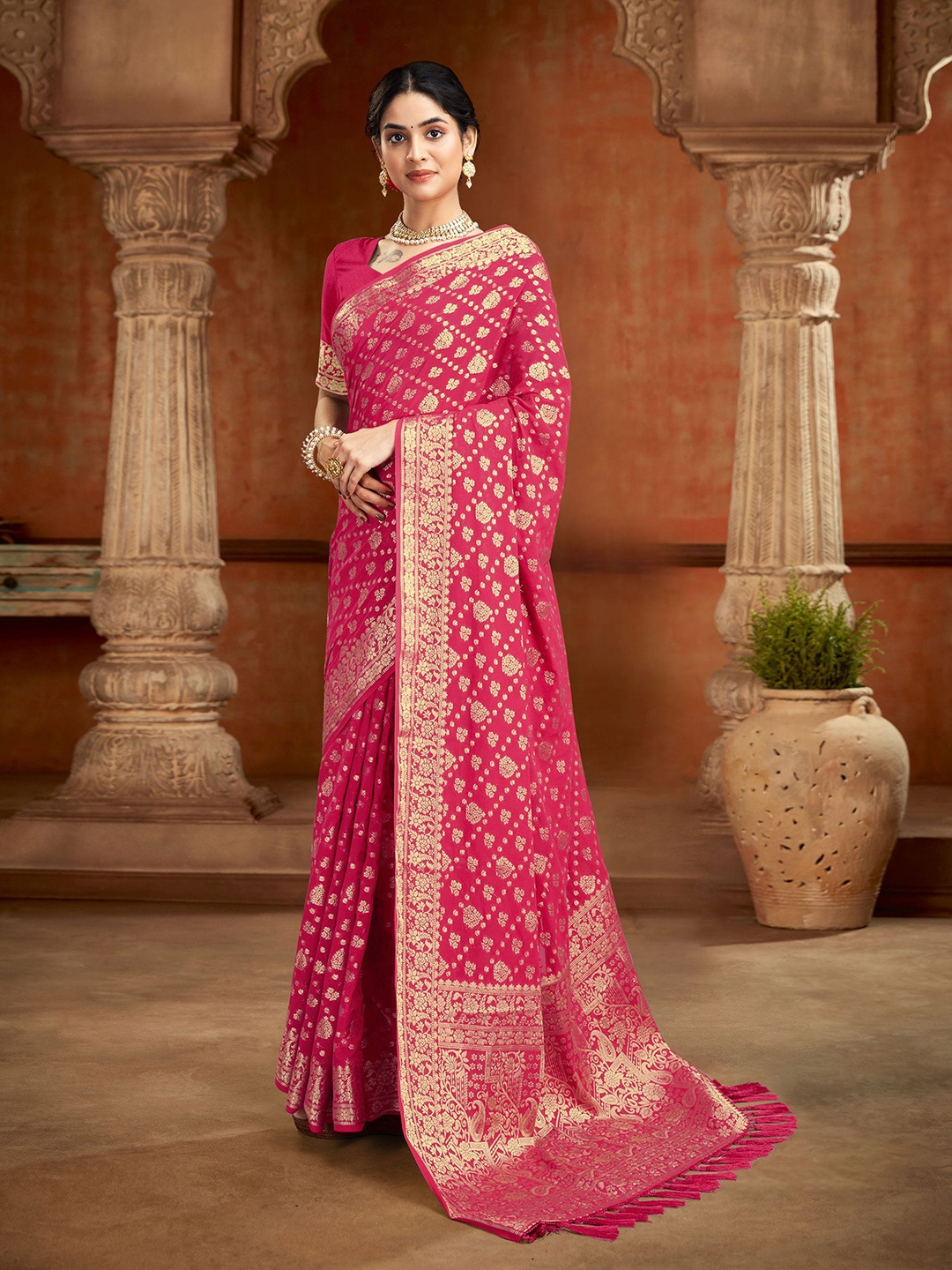 

V3 FASHION STUDIO Ethnic Motifs Woven Design Zari Pure Georgette Banarasi Saree, Pink
