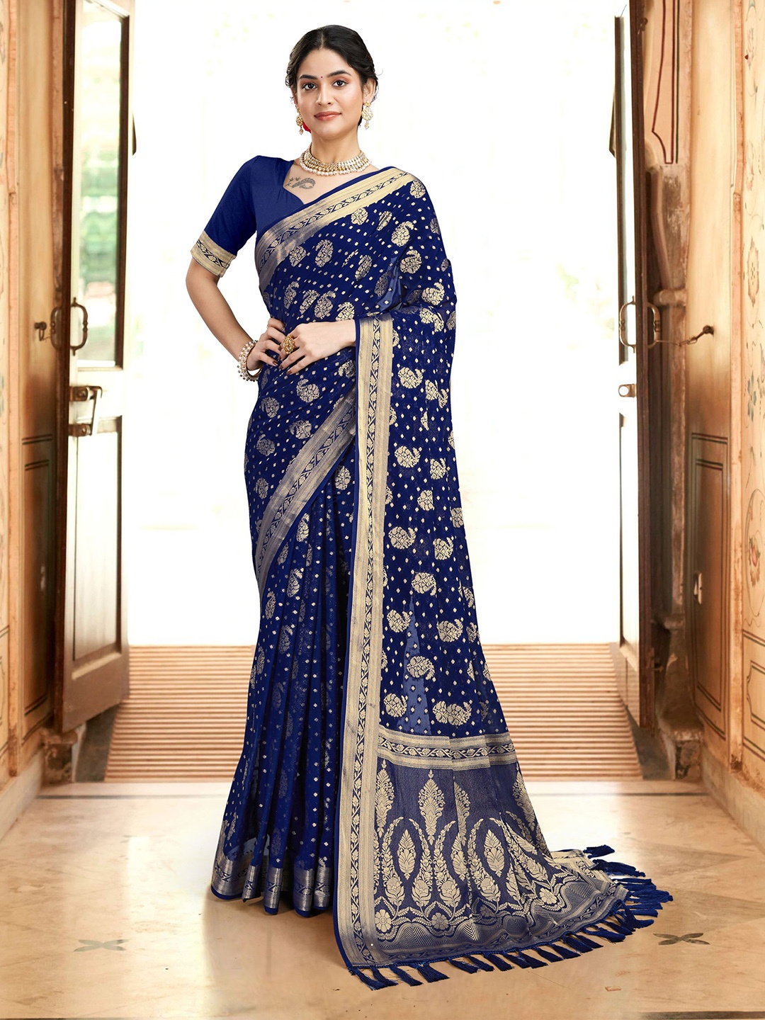 

V3 FASHION STUDIO Ethnic Motifs Woven Design Zari Pure Georgette Banarasi Saree, Navy blue