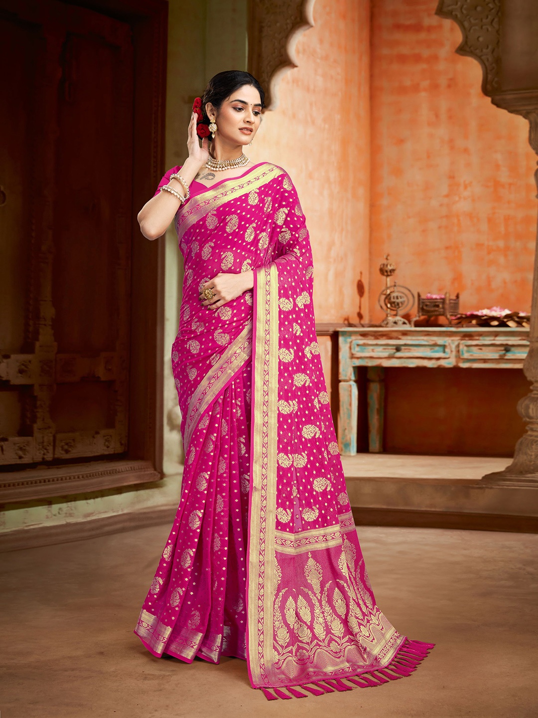 

V3 FASHION STUDIO Paisley Woven Design Zari Pure Georgette Banarasi Saree, Pink