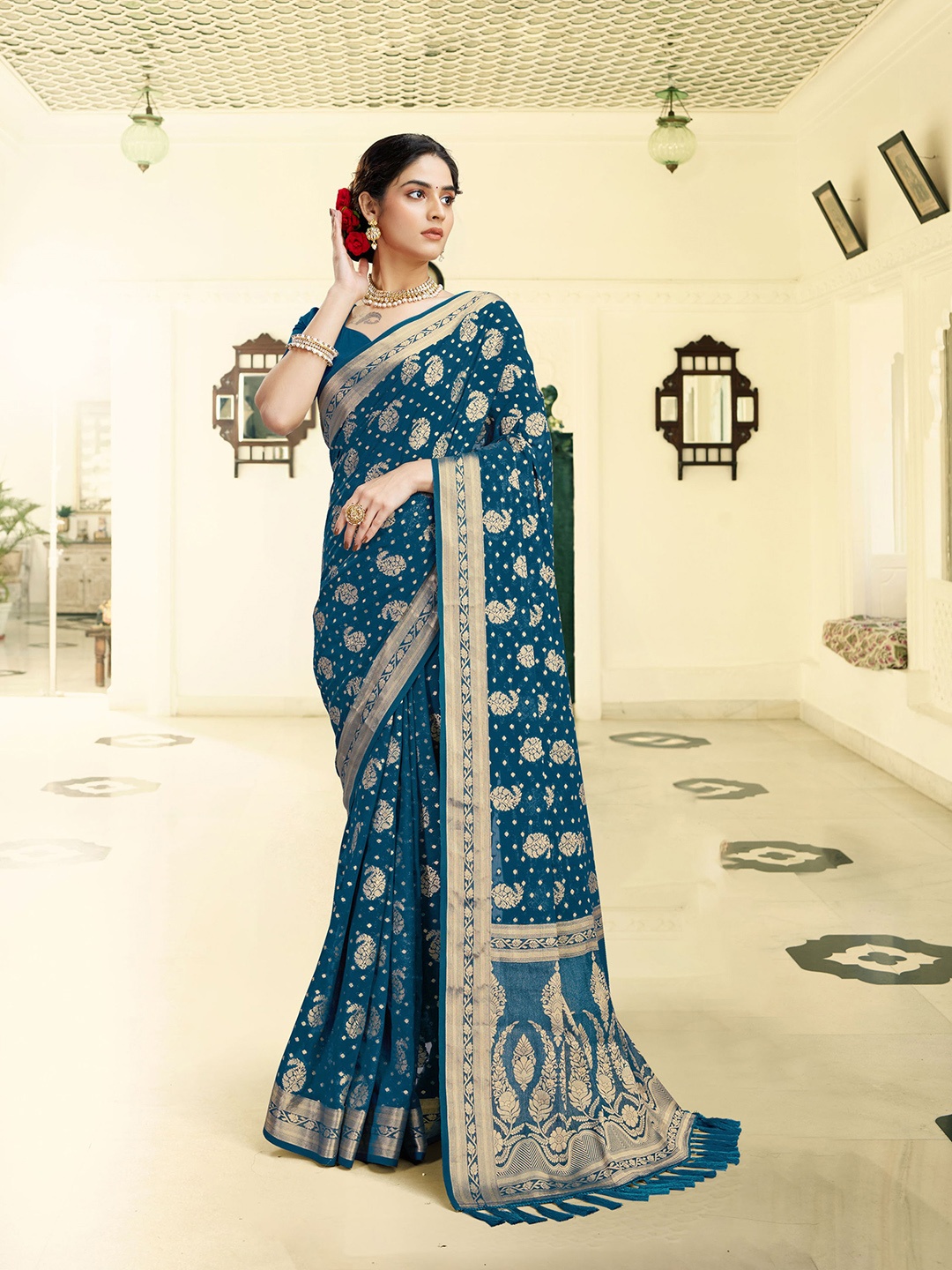 

V3 FASHION STUDIO Paisley Woven Design Zari Pure Georgette Banarasi Saree, Blue