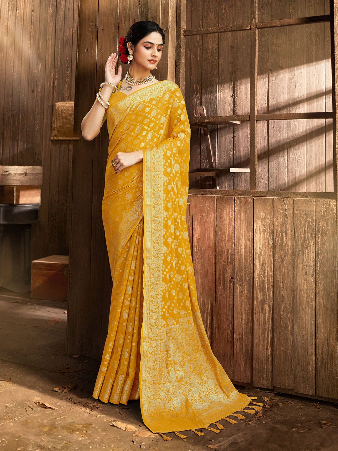 

V3 FASHION STUDIO Ethnic Motifs Woven Design Zari Pure Georgette Banarasi Saree, Orange