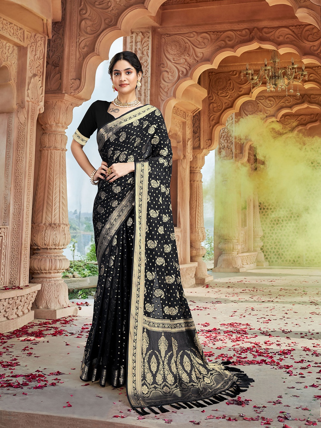 

V3 FASHION STUDIO Paisley Woven Design Zari Pure Georgette Banarasi Saree, Black