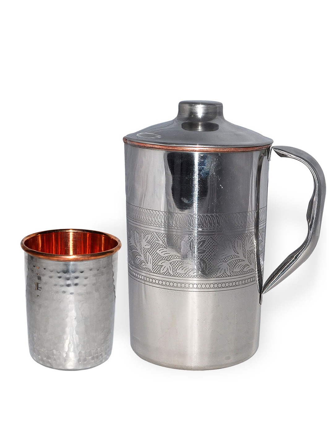 

PRISHA INDIA CRAFT Silver Toned 2 Pieces Copper Water Jug With Glass