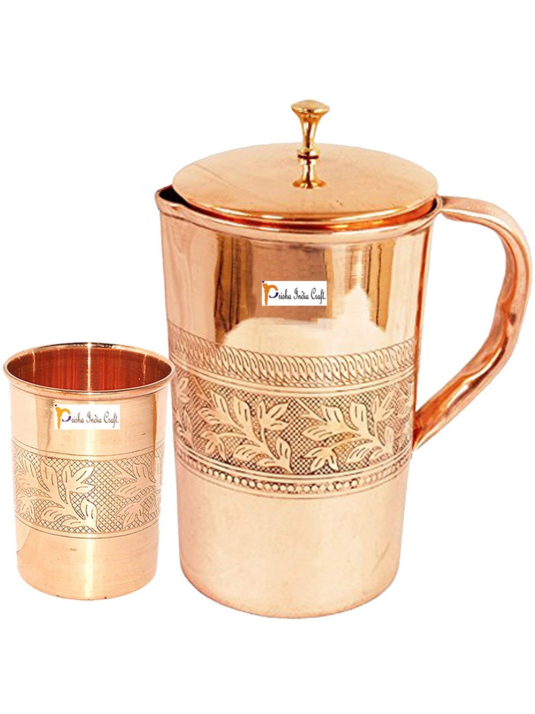 

PRISHA INDIA CRAFT Copper 2 Pieces Water Jug With Glass 1.6 L, Gold