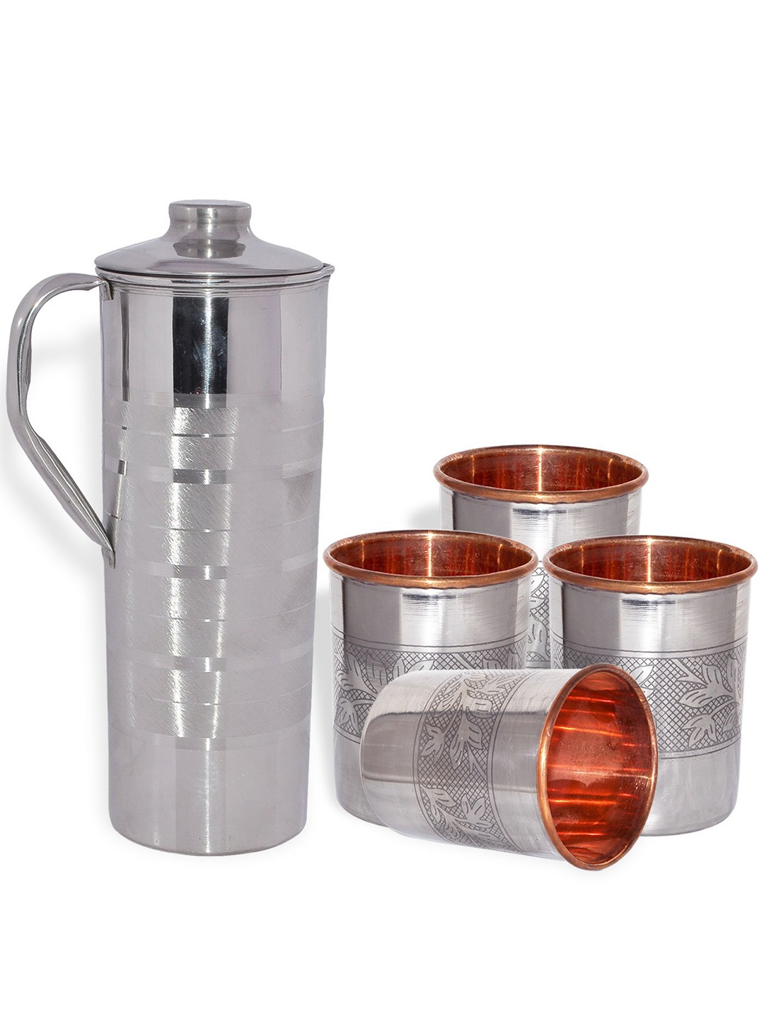 

PRISHA INDIA CRAFT Silver Toned 4 Pieces Copper Water Jug With Glass