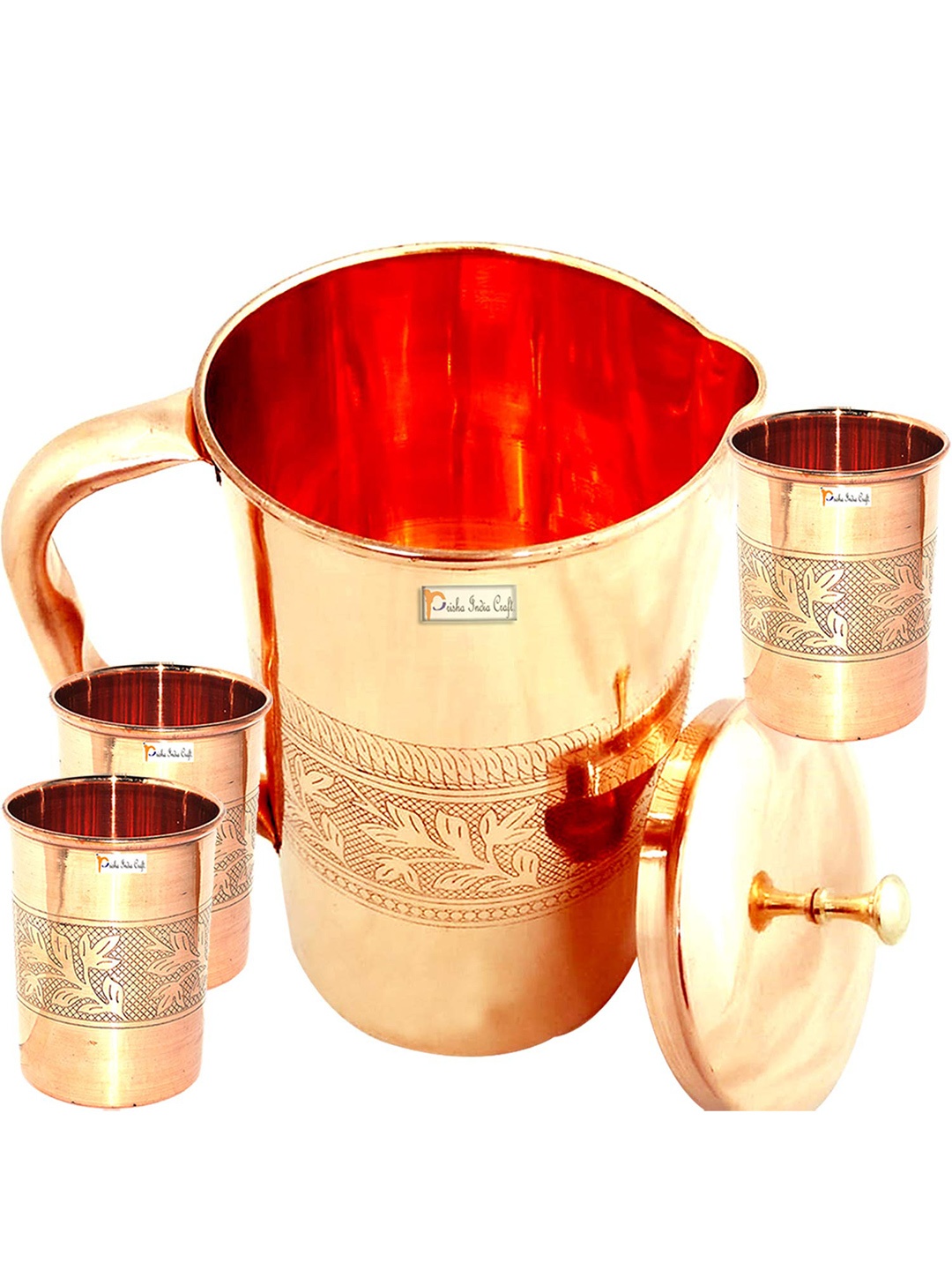 

PRISHA INDIA CRAFT Gold Toned & Red 4 Pieces Copper Water Jug With Glass
