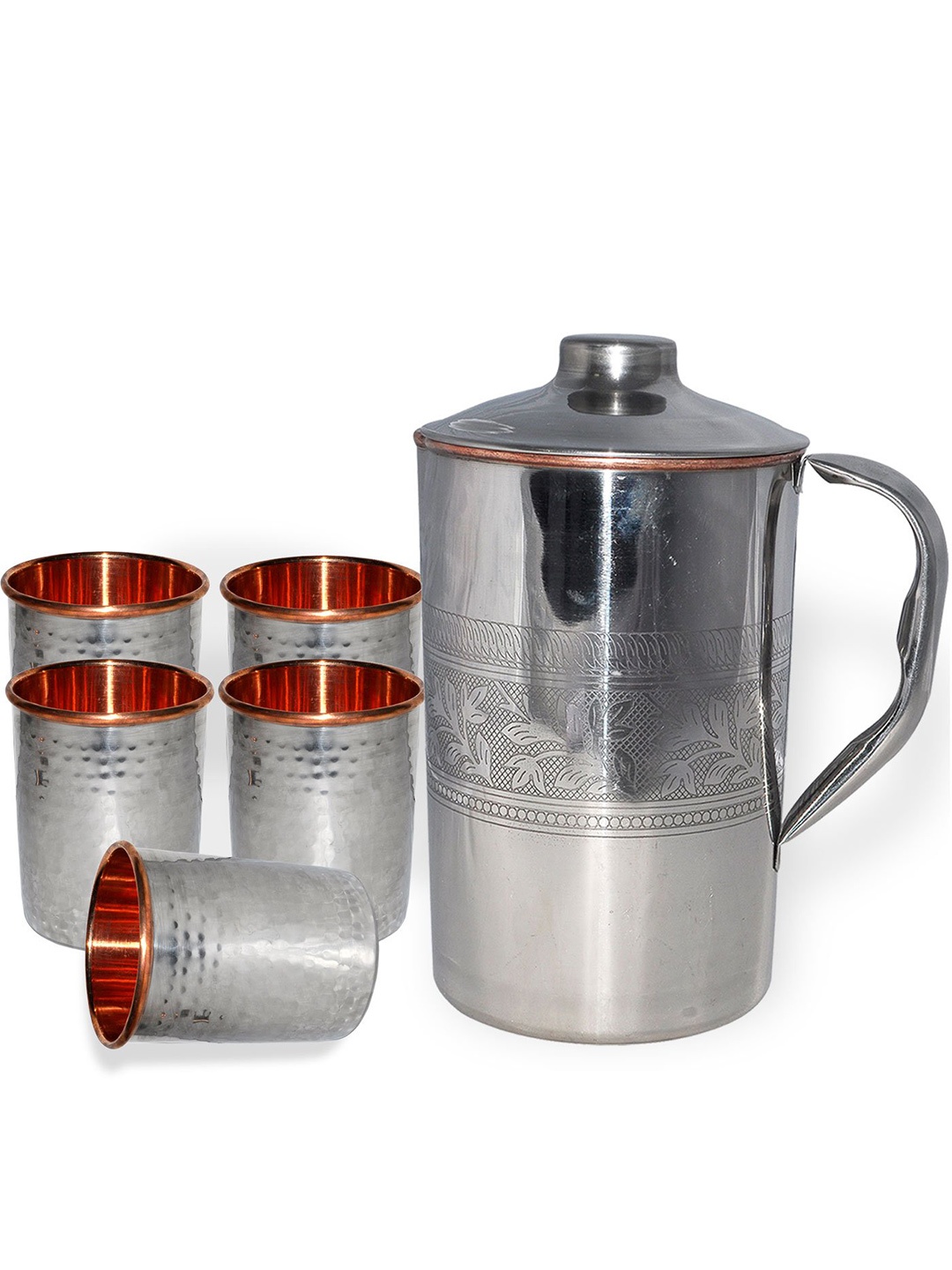 

PRISHA INDIA CRAFT Silver Toned 6 Pieces Copper Water Jug & Glasses
