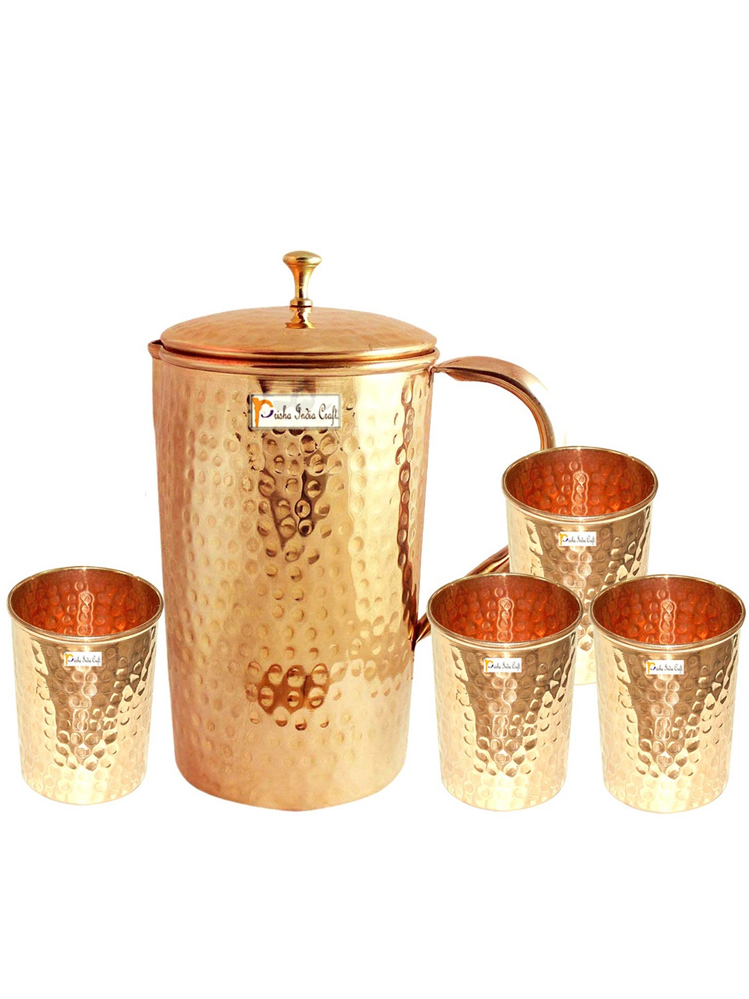 

PRISHA INDIA CRAFT Copper 5 Pieces Dishwasher Safe Water Jug With Glass, Gold