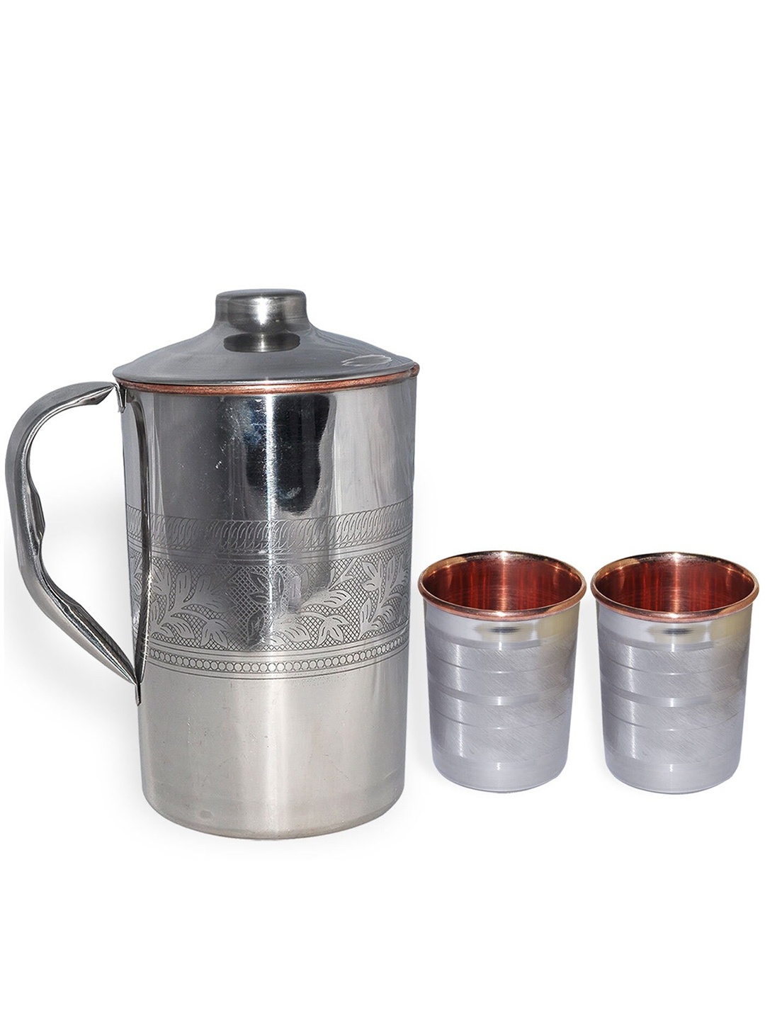 

PRISHA INDIA CRAFT Silver Toned 3 Pieces Copper Water Jug & Glasses