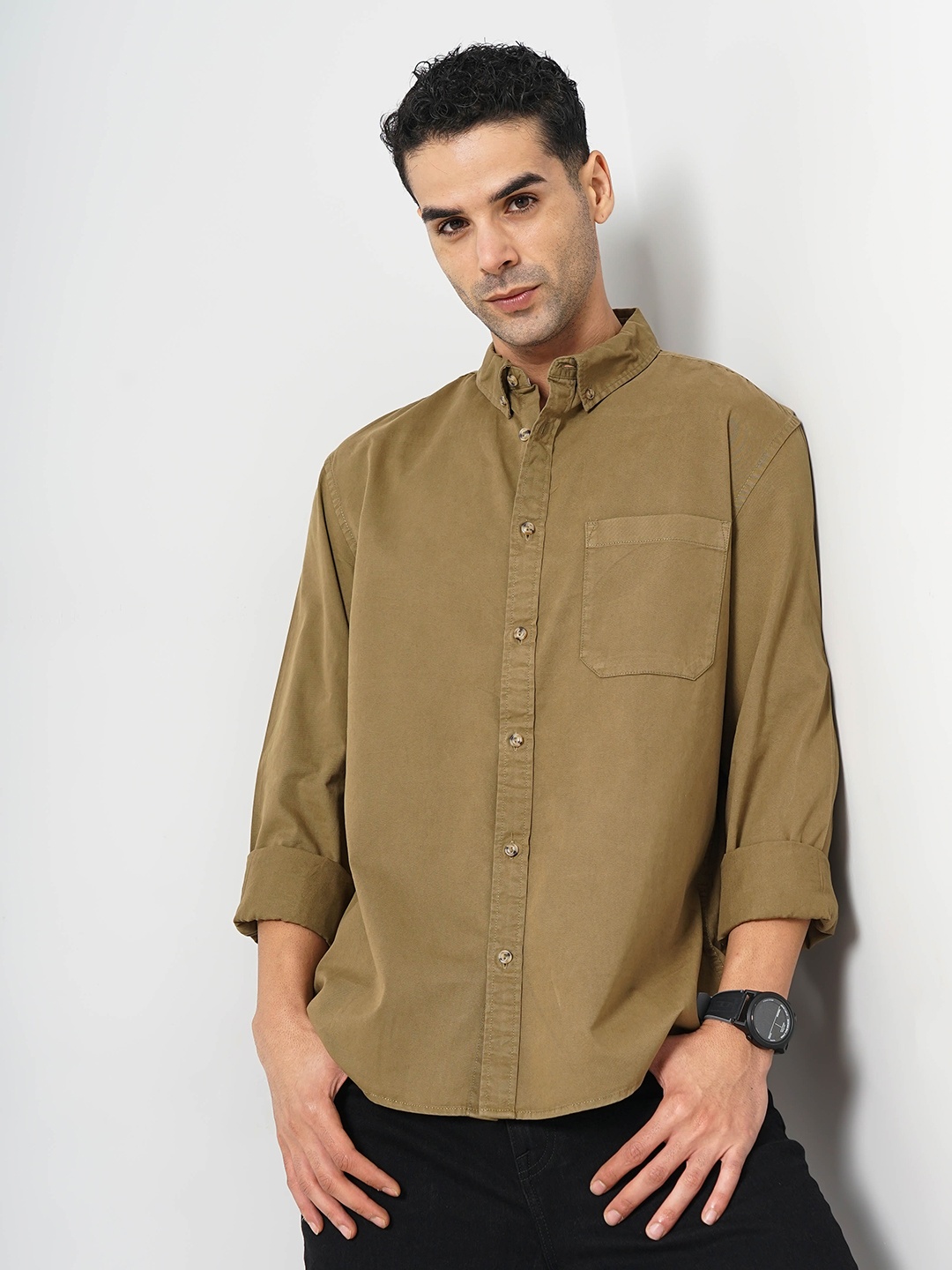 

Celio Spread Collar Long Sleeves Classic Casual Cotton Shirt, Khaki