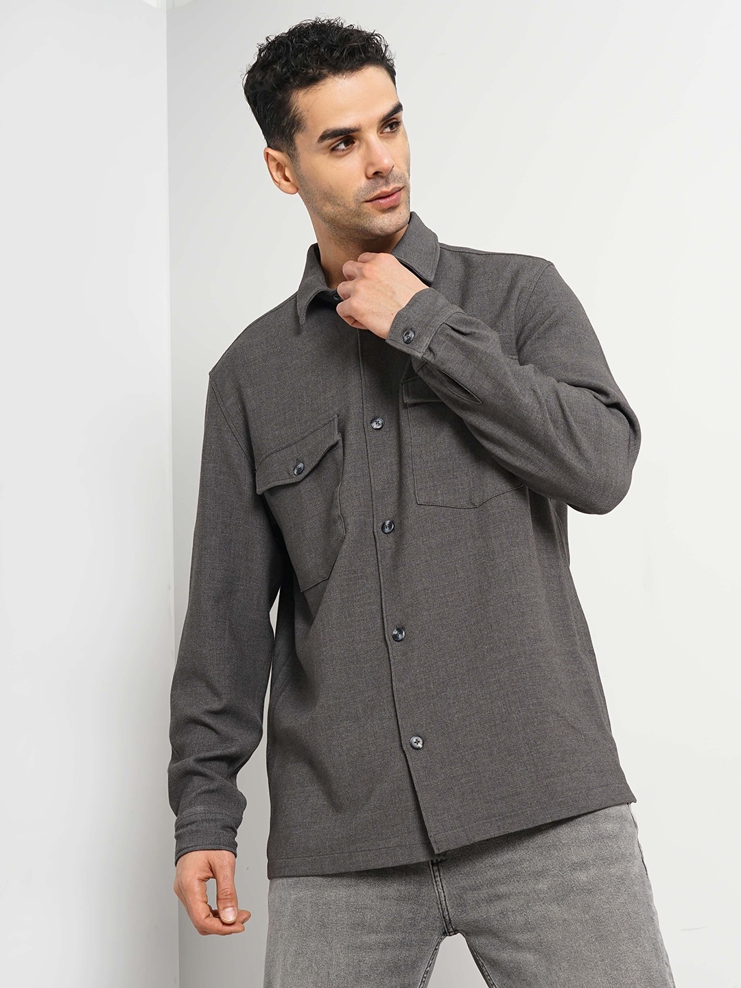

Celio Spread Collar Long Sleeves Classic Casual Shirt, Grey