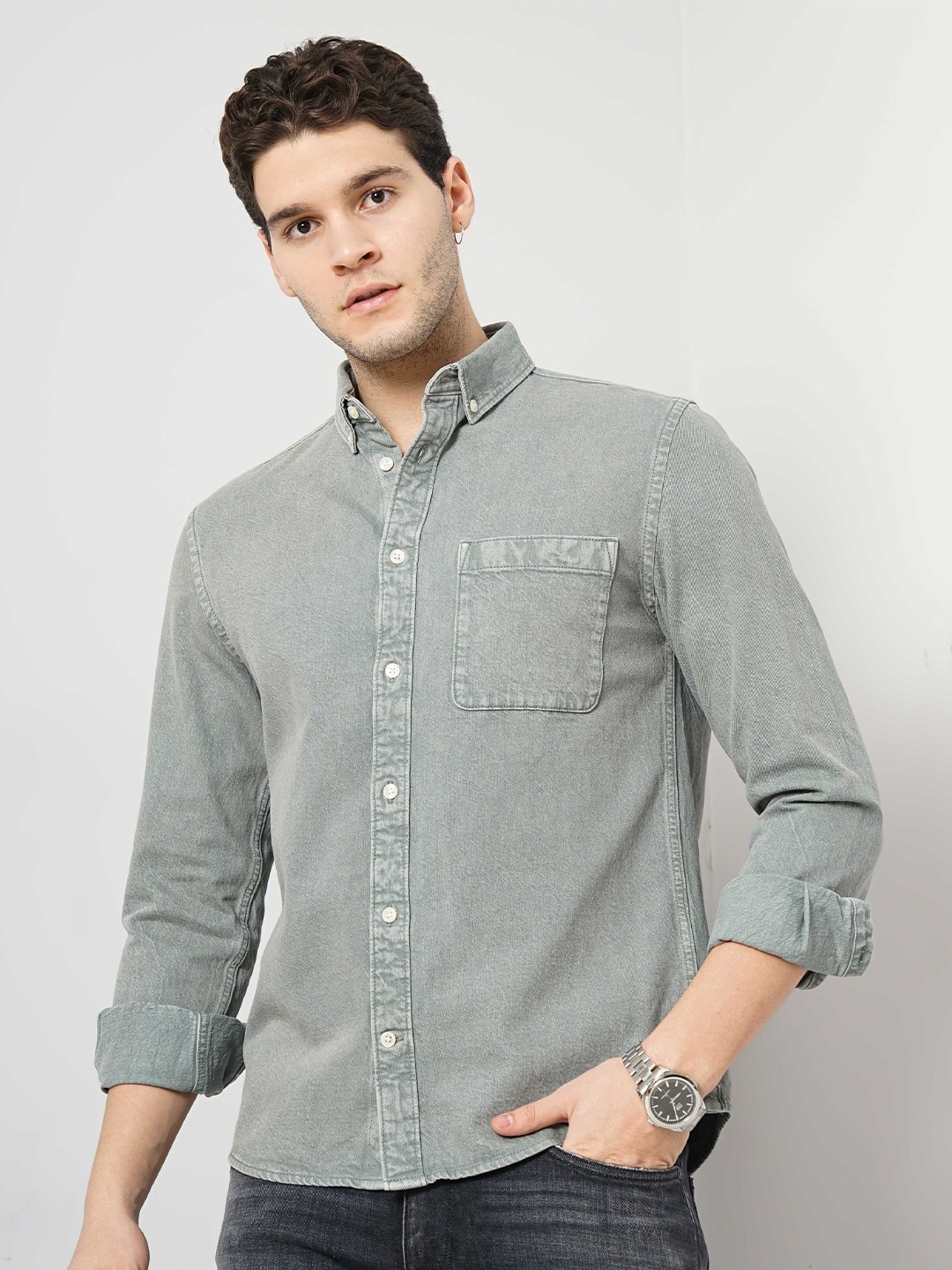 

Celio Classic Faded Spread Collar Cotton Casual Shirt, Green