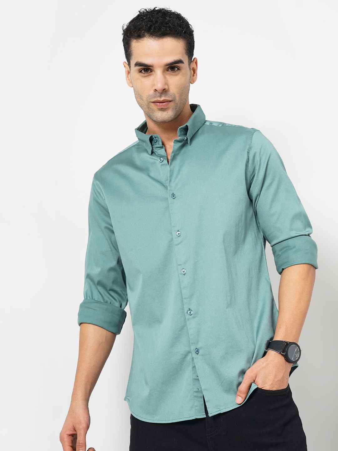 

Celio Classic Slim Fit Button-Down Collar Cotton Casual Shirt, Green