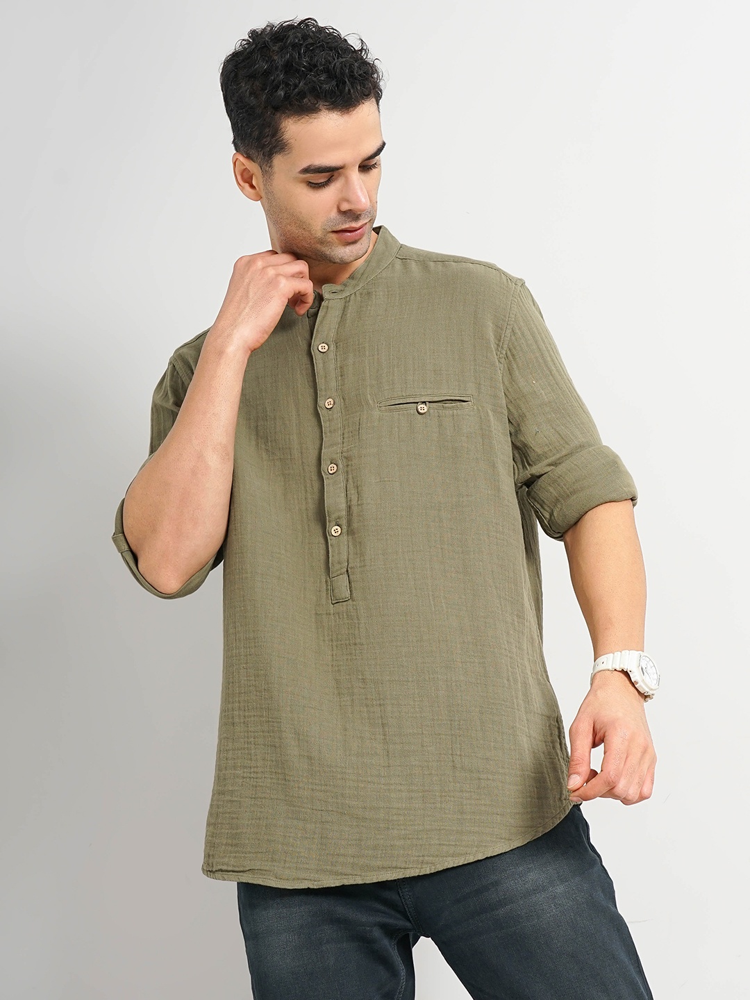 

Celio Spread Collar Long Sleeves Classic Casual Regular Fit Cotton Shirt, Olive