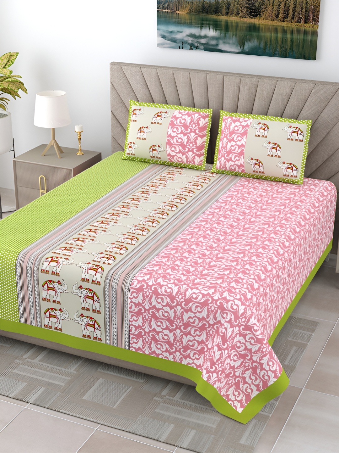 

JAIPUR FABRIC Pink & Green Ethnic Motifs 300 TC King Bedsheet with 2 Pillow Covers