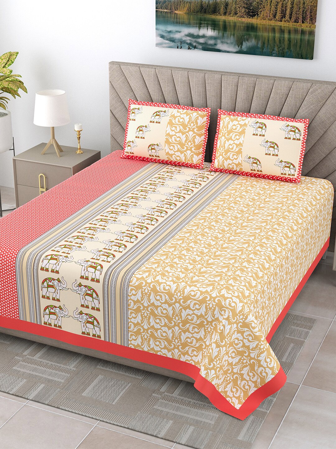 

JAIPUR FABRIC Yellow Ethnic Motifs Cotton 300 TC King Bedsheet with 2 Pillow Covers