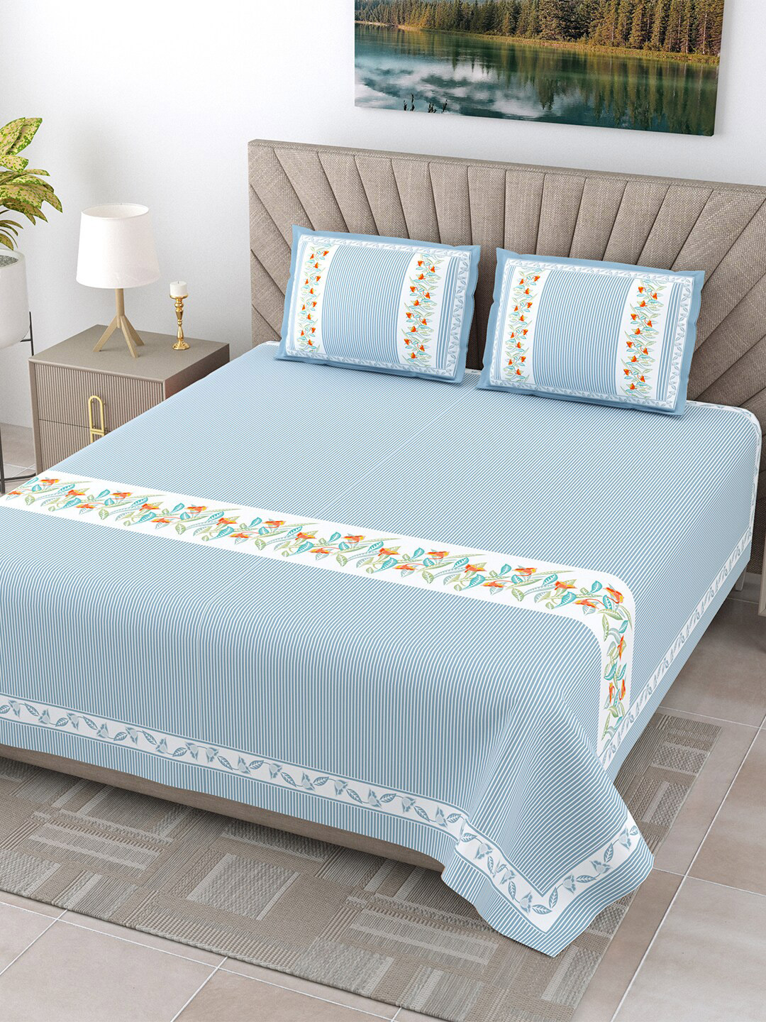 

JAIPUR FABRIC Blue & White Floral Printed Cotton 300 TC King Bedsheet with 2 Pillow Covers