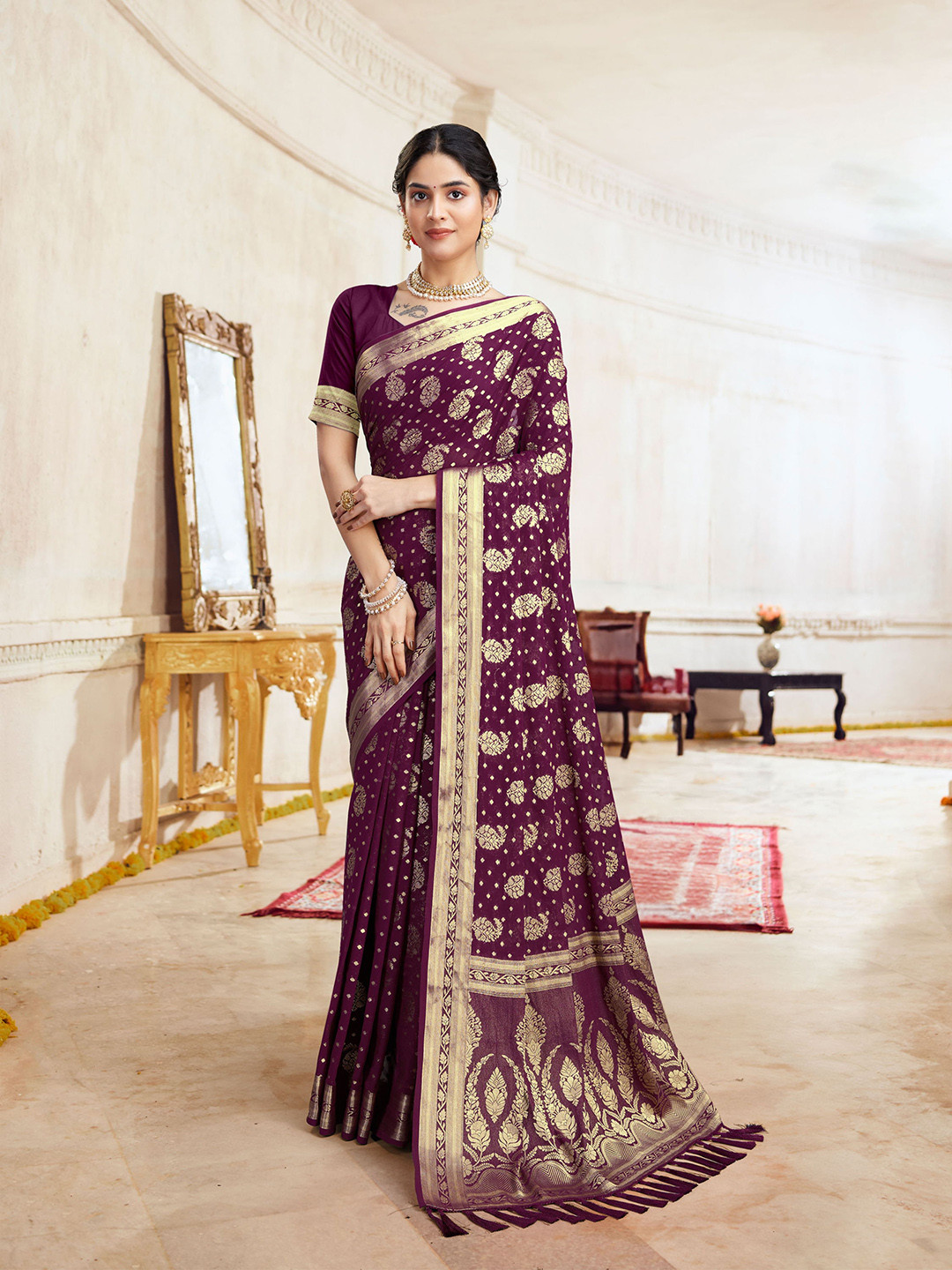 

DIVASTRI Ethnic Motifs Zari Pure Georgette Banarasi Saree, Purple