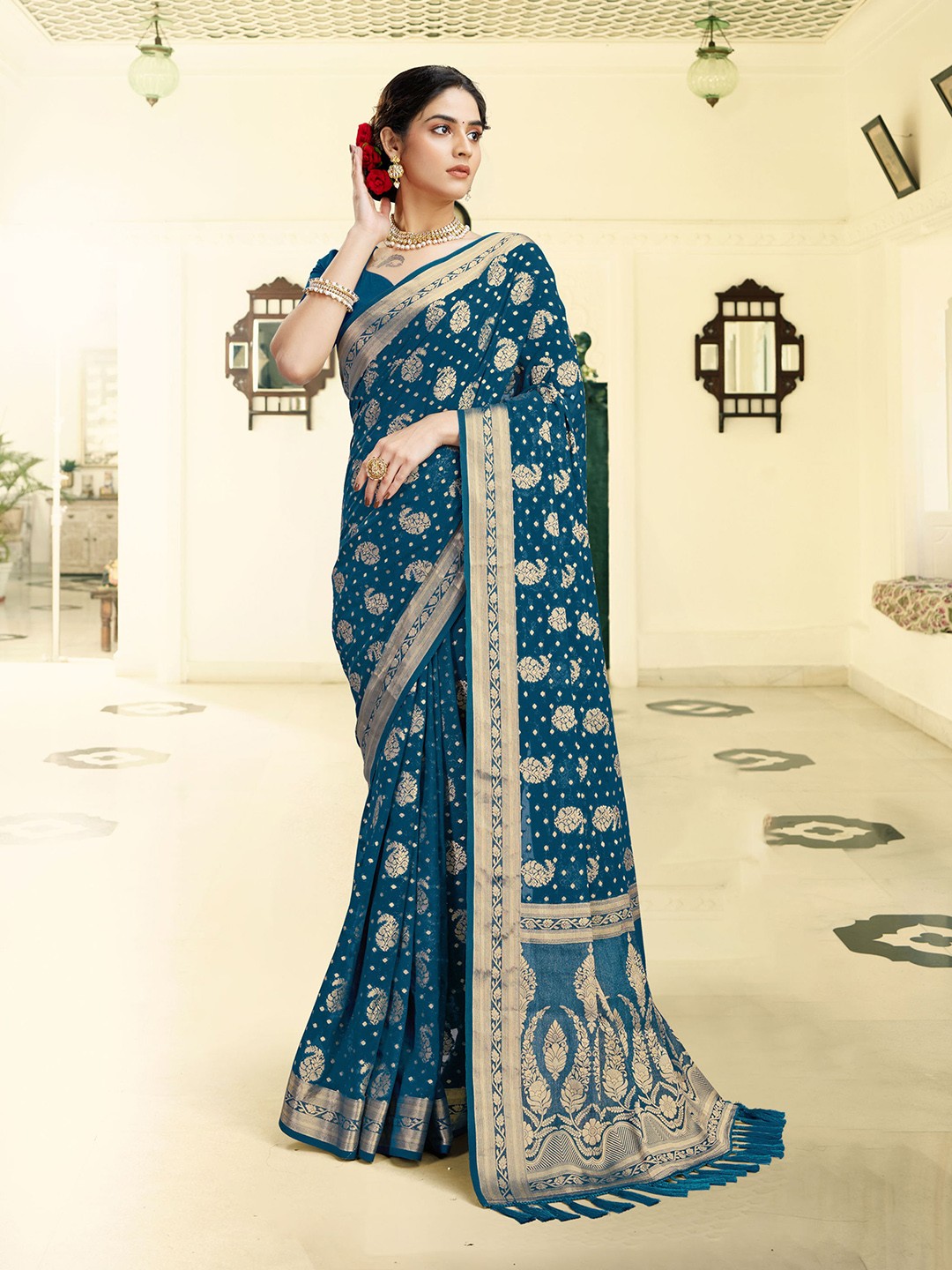 

DIVASTRI Ethnic Motifs Woven Design Zari Pure Georgette Banarasi Saree, Blue