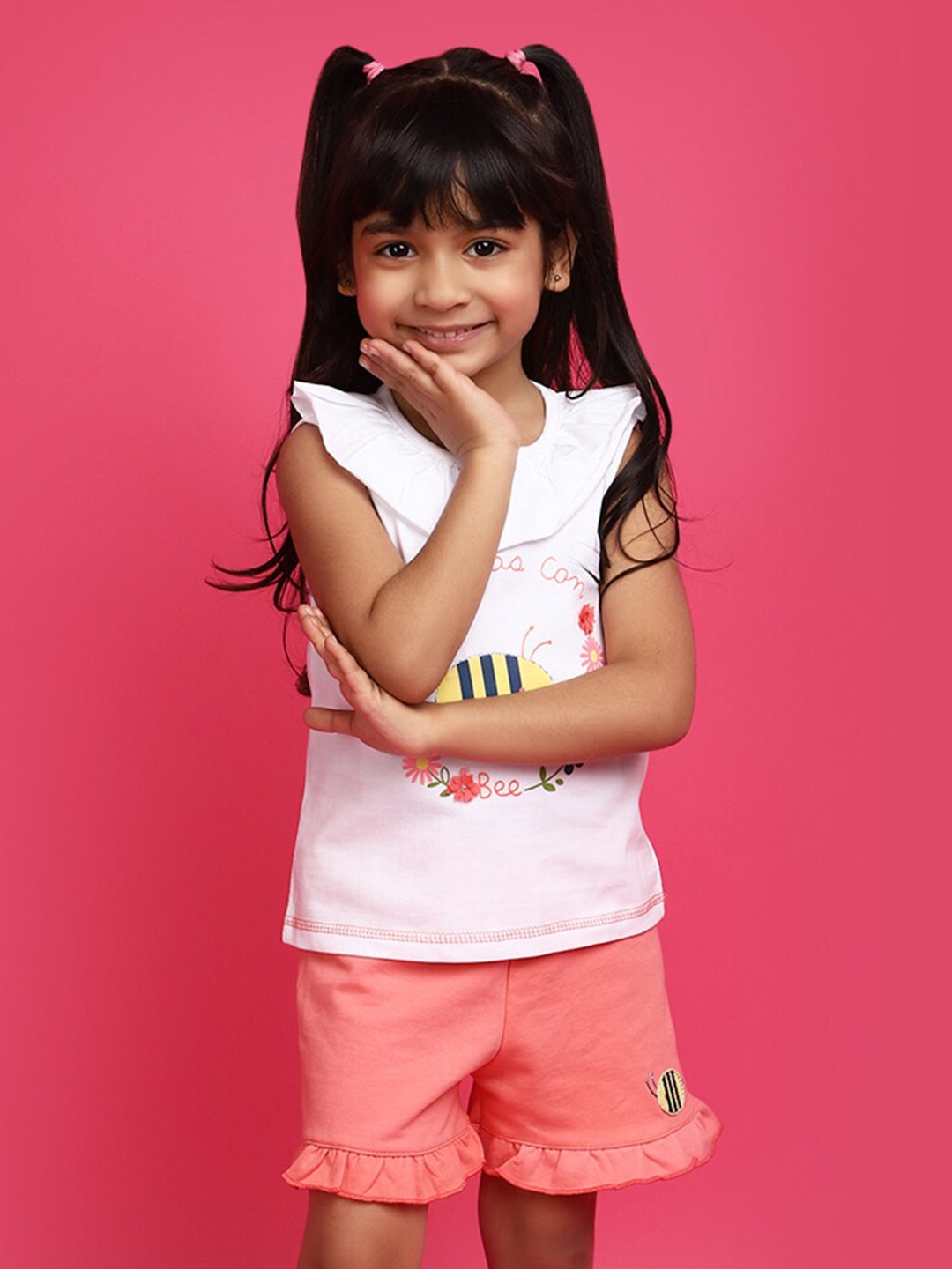 

V-Mart Girls Floral Printed Embroidered Pure Cotton Top with Shorts, White