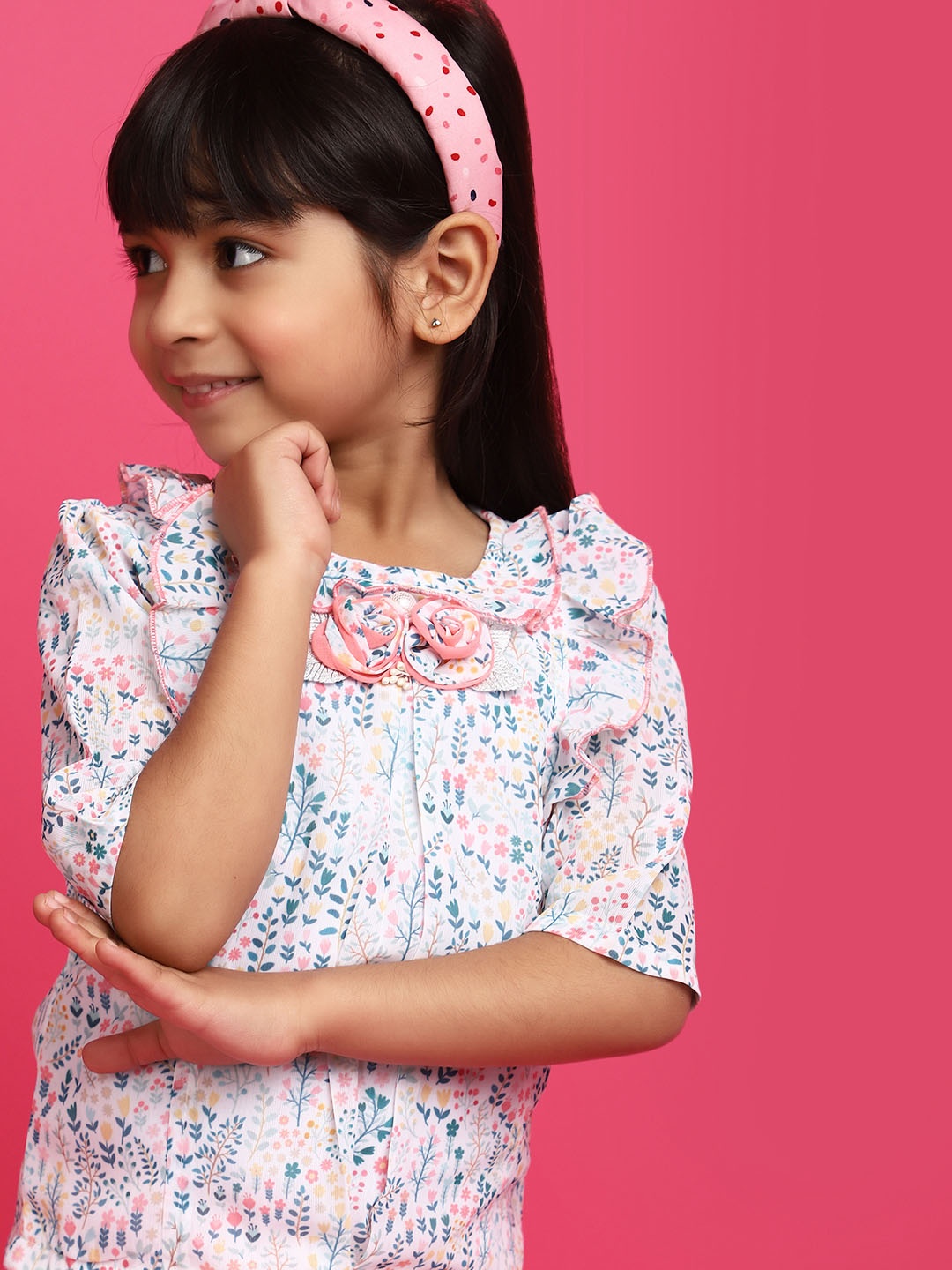 

V-Mart Girls Printed Pure Cotton Top with Trousers, Off white