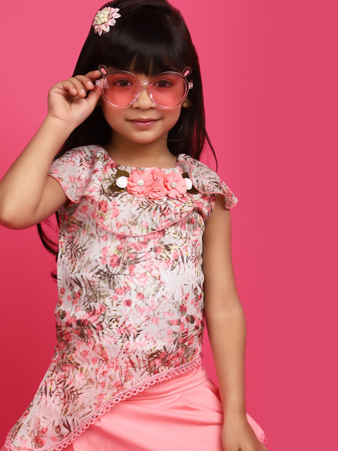 

V-Mart Girls Printed Pure Cotton Top with Skirt, Beige