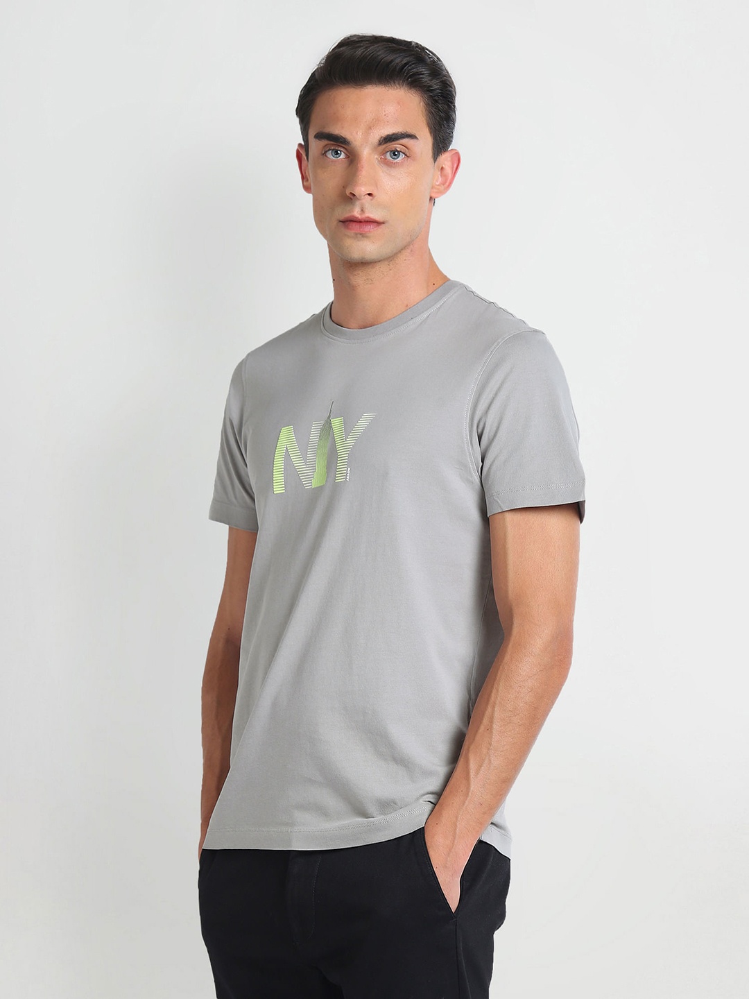 

Arrow New York Graphic Printed Round Neck Cotton T-shirts, Grey
