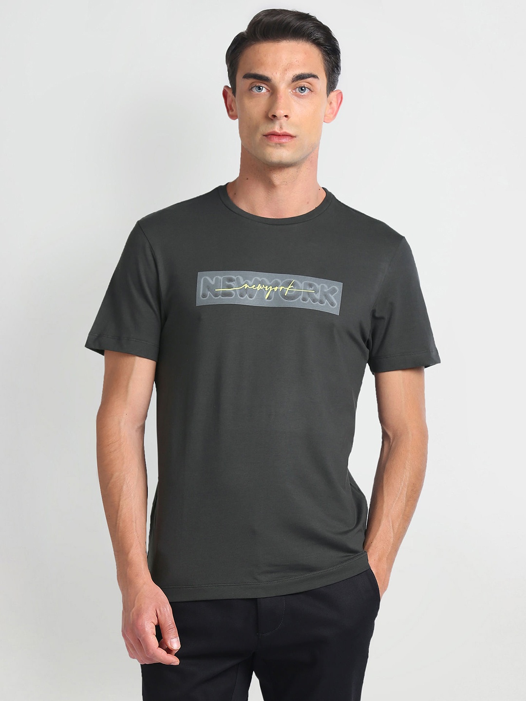 Arrow New York Printed Round Neck T-shirt, Black